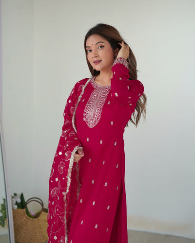 Exquisite Magenta Vichitra Silk Kurta Set with Embroidered Dupatta