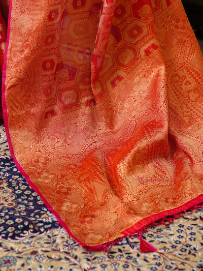 Red Color Pure Organza Saree Adorned with Zari Weaving, Complete with Matching Blouse Piece