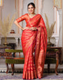 Red Color Pure Organza Saree Adorned with Zari Weaving, Complete with Matching Blouse Piece