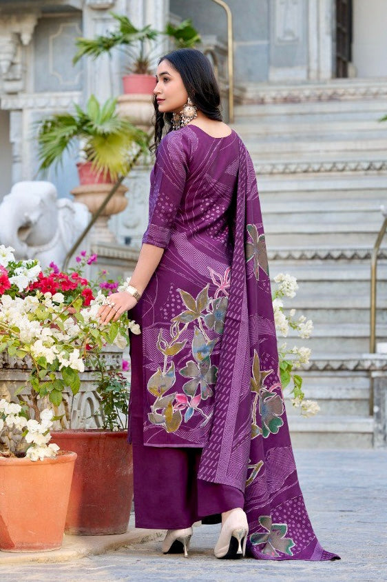 Plum Purple Floral Print Roman Silk Salwar Suit with Beaded Handwork – A Timeless Classic 💜