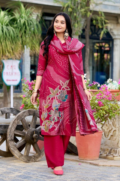 Maroon Floral Print Roman Silk Salwar Suit with Beaded Handwork – Elegance with Comfort 💫