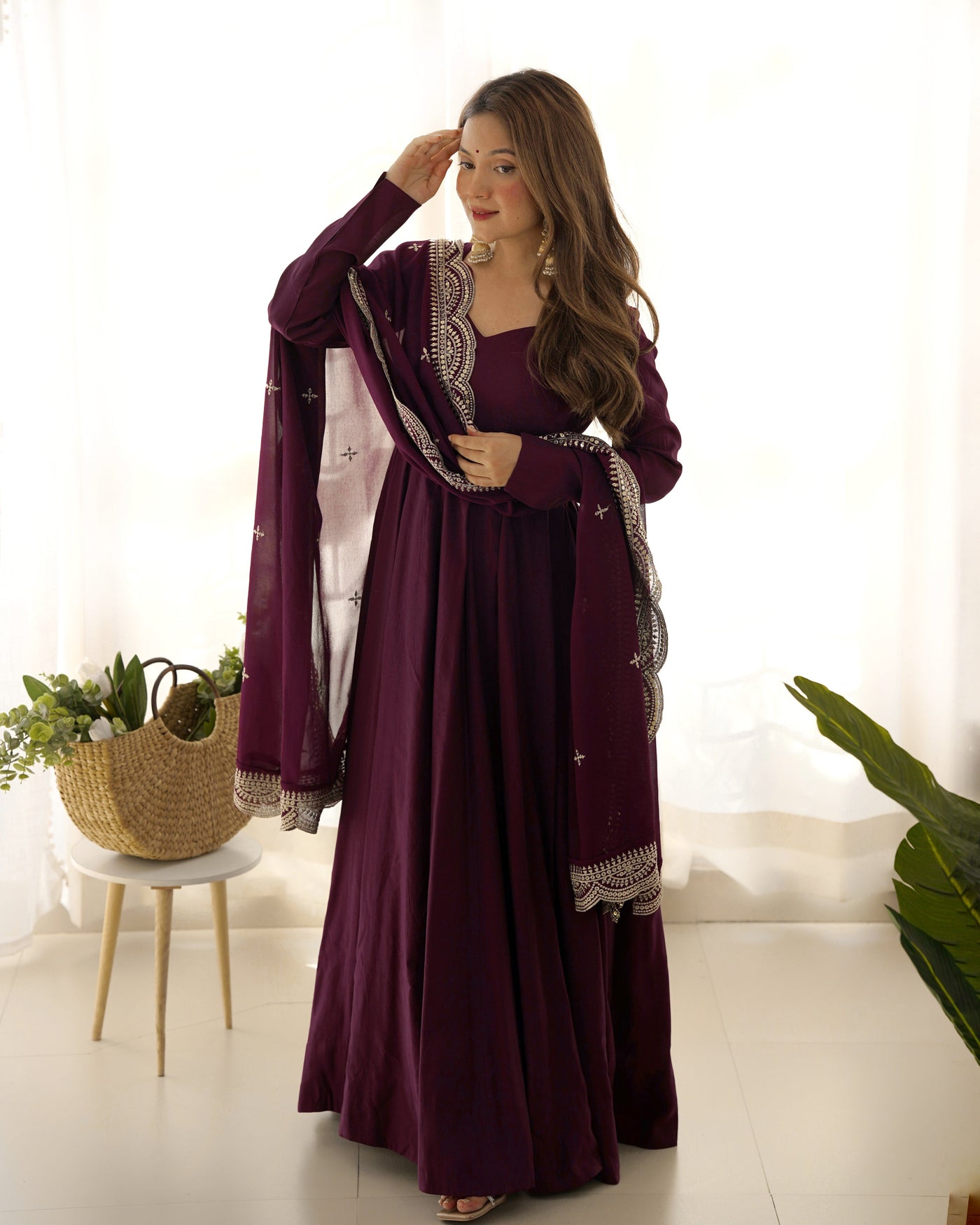 Pure Romansilk Chanderi Fabric Fully Flared Anarkali, with Dupatta Set and Pants, Ready to Wear.