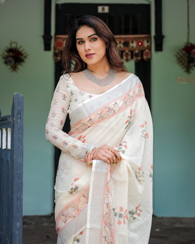 Ivory Pure Cotton Linen Saree with Pastel Floral Design, Blouse, and Tassel Detailing