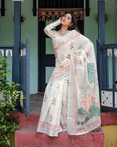 Ivory Pure Cotton Linen Saree with Pastel Floral Design, Blouse, and Tassel Detailing