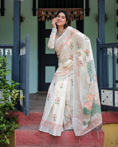 Ivory Pure Cotton Linen Saree with Pastel Floral Design, Blouse, and Tassel Detailing