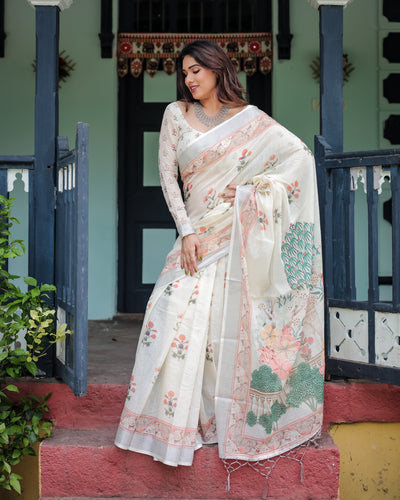 Ivory Pure Cotton Linen Saree with Pastel Floral Design, Blouse, and Tassel Detailing