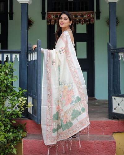 Ivory Pure Cotton Linen Saree with Pastel Floral Design, Blouse, and Tassel Detailing