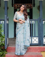 Pastel Grey Pure Cotton Linen Saree with Floral Print, Blouse, and Tassel Detailing