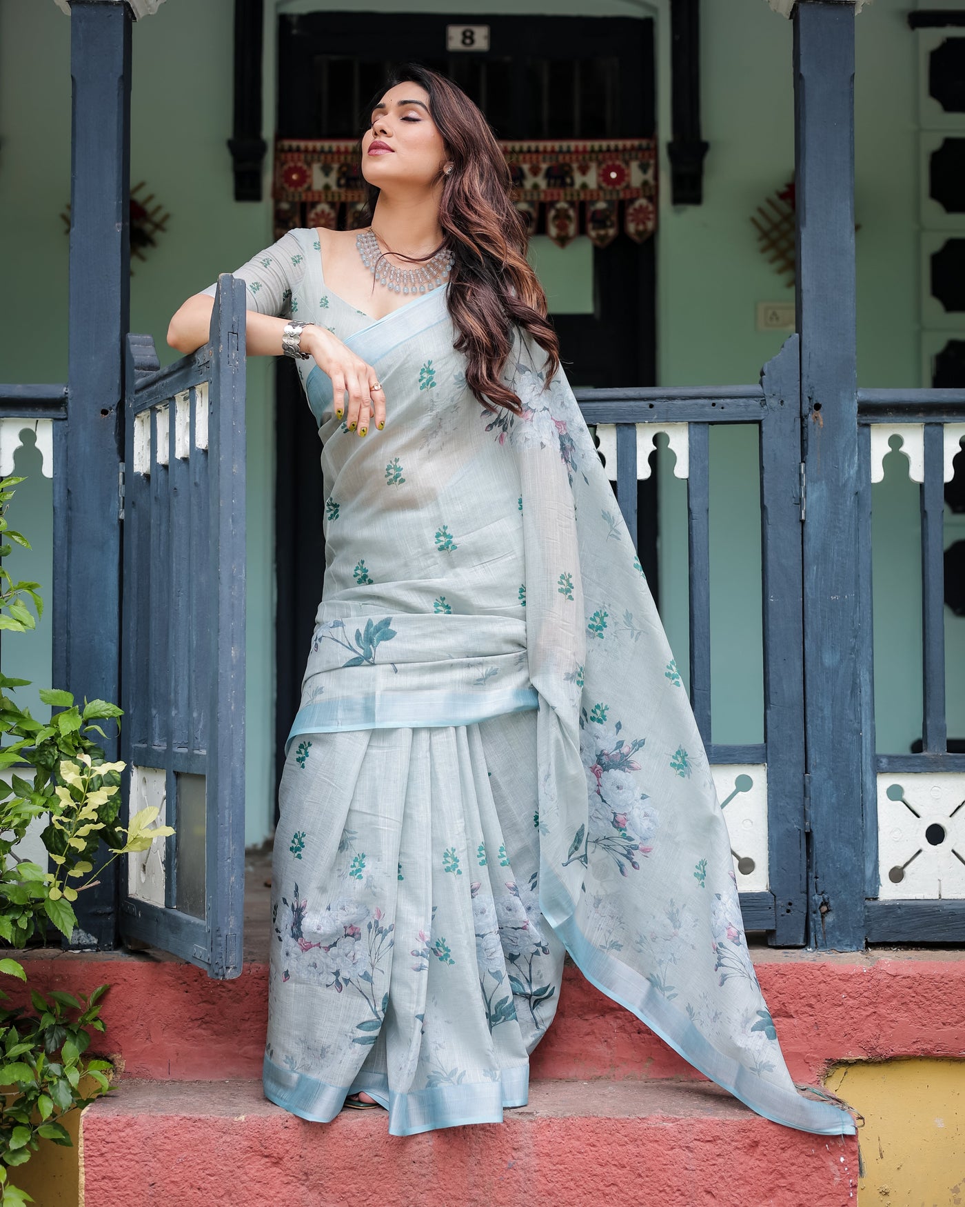 Pastel Grey Pure Cotton Linen Saree with Floral Print, Blouse, and Tassel Detailing