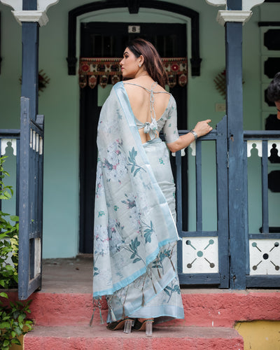 Pastel Grey Pure Cotton Linen Saree with Floral Print, Blouse, and Tassel Detailing