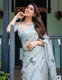 Pastel Grey Pure Cotton Linen Saree with Floral Print, Blouse, and Tassel Detailing