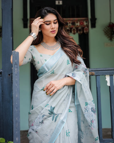 Pastel Grey Pure Cotton Linen Saree with Floral Print, Blouse, and Tassel Detailing