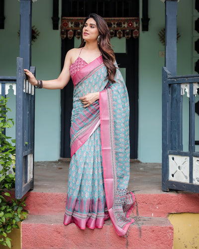 Aqua Blue Pure Cotton Linen Saree with Pink Border, Floral Motifs, and Tassel Detailing