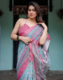 Aqua Blue Pure Cotton Linen Saree with Pink Border, Floral Motifs, and Tassel Detailing