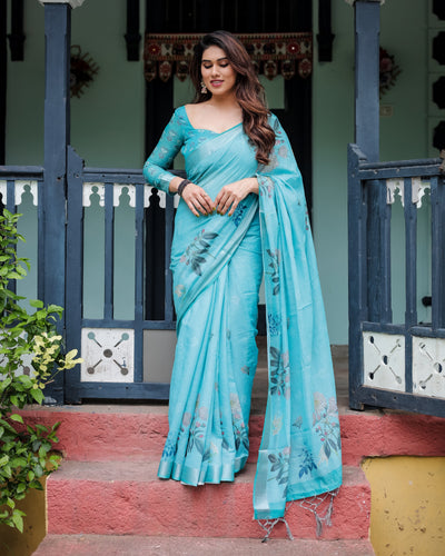 Aqua Blue Pure Cotton Linen Saree with Floral Design, Blouse, and Tassel Detailing