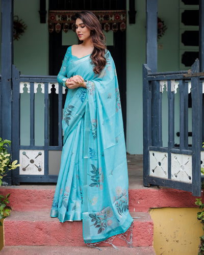 Aqua Blue Pure Cotton Linen Saree with Floral Design, Blouse, and Tassel Detailing