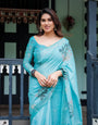 Aqua Blue Pure Cotton Linen Saree with Floral Design, Blouse, and Tassel Detailing