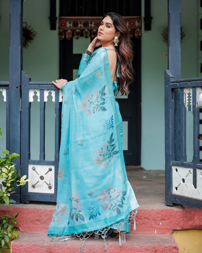 Aqua Blue Pure Cotton Linen Saree with Floral Design, Blouse, and Tassel Detailing