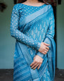 Turquoise Pure Cotton Linen Saree with White Floral Design, Blouse, and Tassel Edges