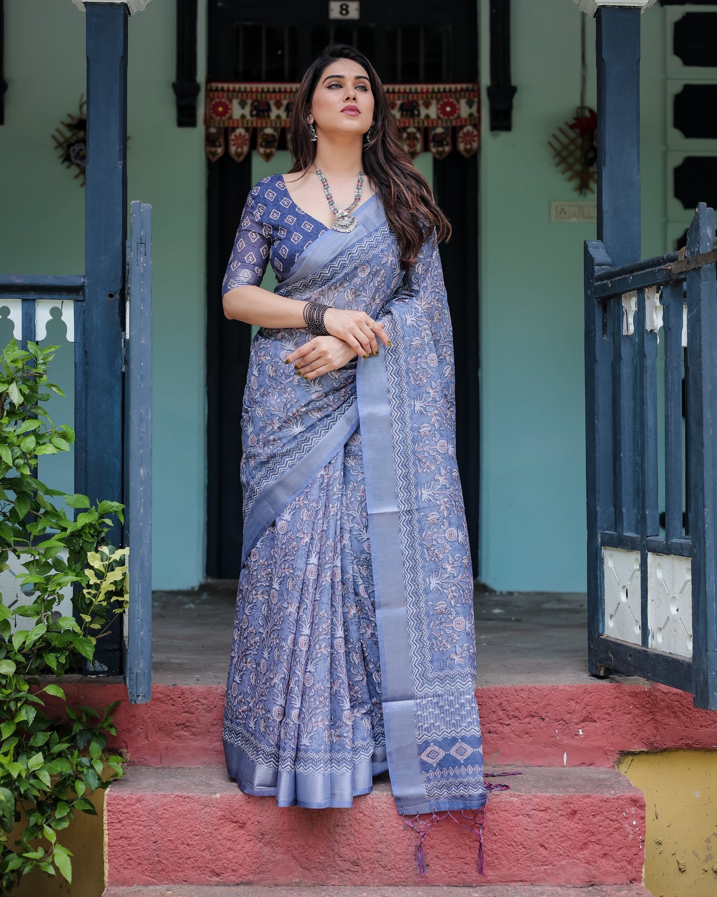 Steel Blue Pure Cotton Linen Saree with Floral and Geometric Block Print, Blouse, and Tassel Detailing