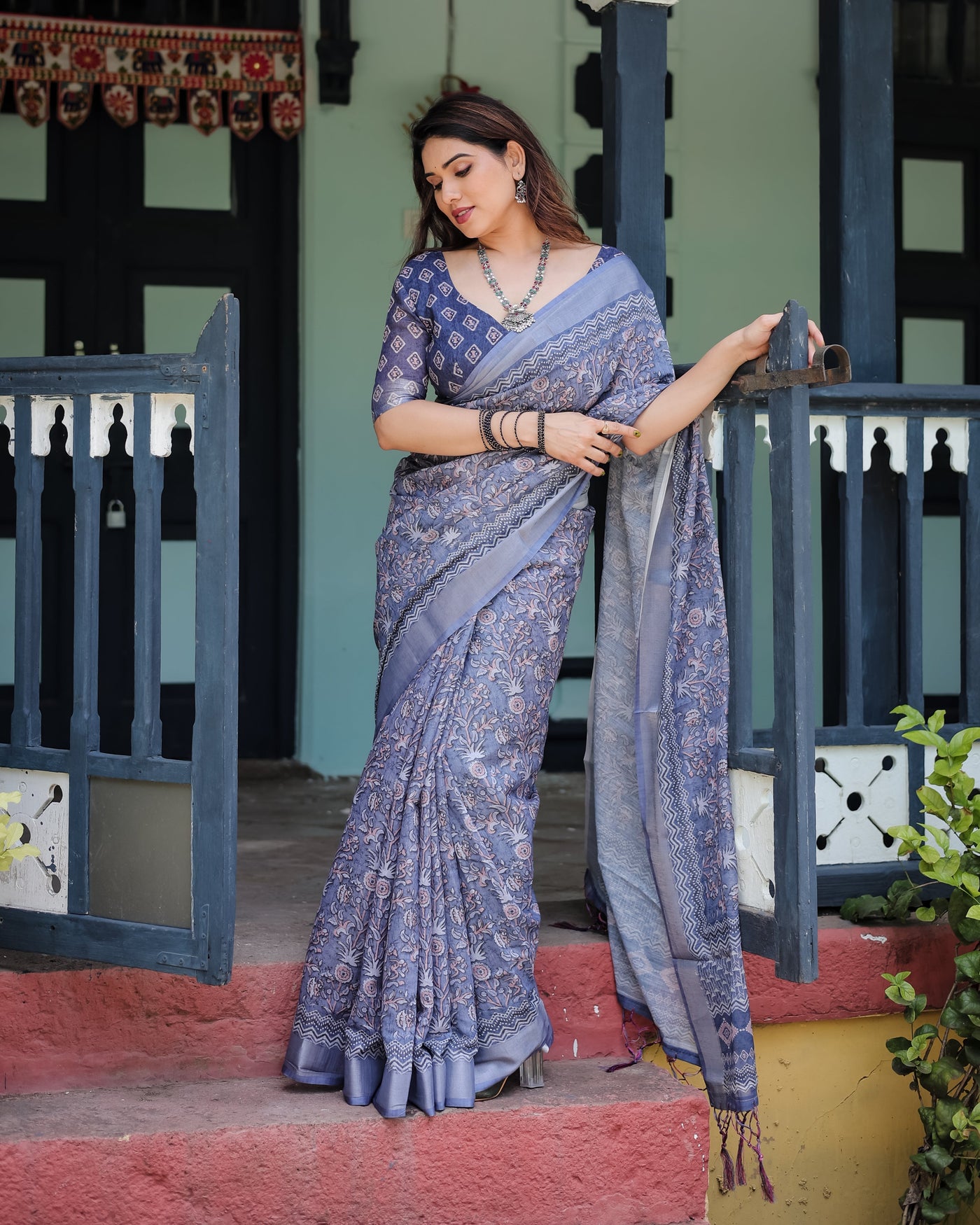 Steel Blue Pure Cotton Linen Saree with Floral and Geometric Block Print, Blouse, and Tassel Detailing