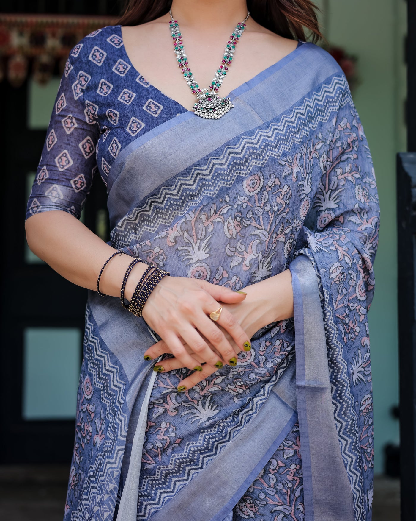 Steel Blue Pure Cotton Linen Saree with Floral and Geometric Block Print, Blouse, and Tassel Detailing