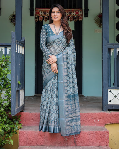 Teal Blue Pure Cotton Linen Saree with Geometric Block Print, Blouse, and Tassel Detailing