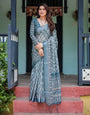 Teal Blue Pure Cotton Linen Saree with Geometric Block Print, Blouse, and Tassel Detailing