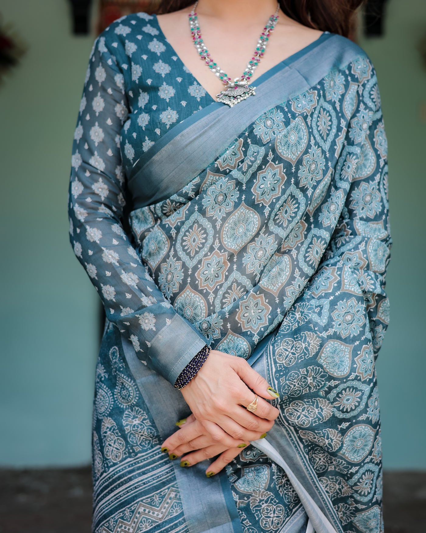 Teal Blue Pure Cotton Linen Saree with Geometric Block Print, Blouse, and Tassel Detailing