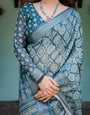 Teal Blue Pure Cotton Linen Saree with Geometric Block Print, Blouse, and Tassel Detailing