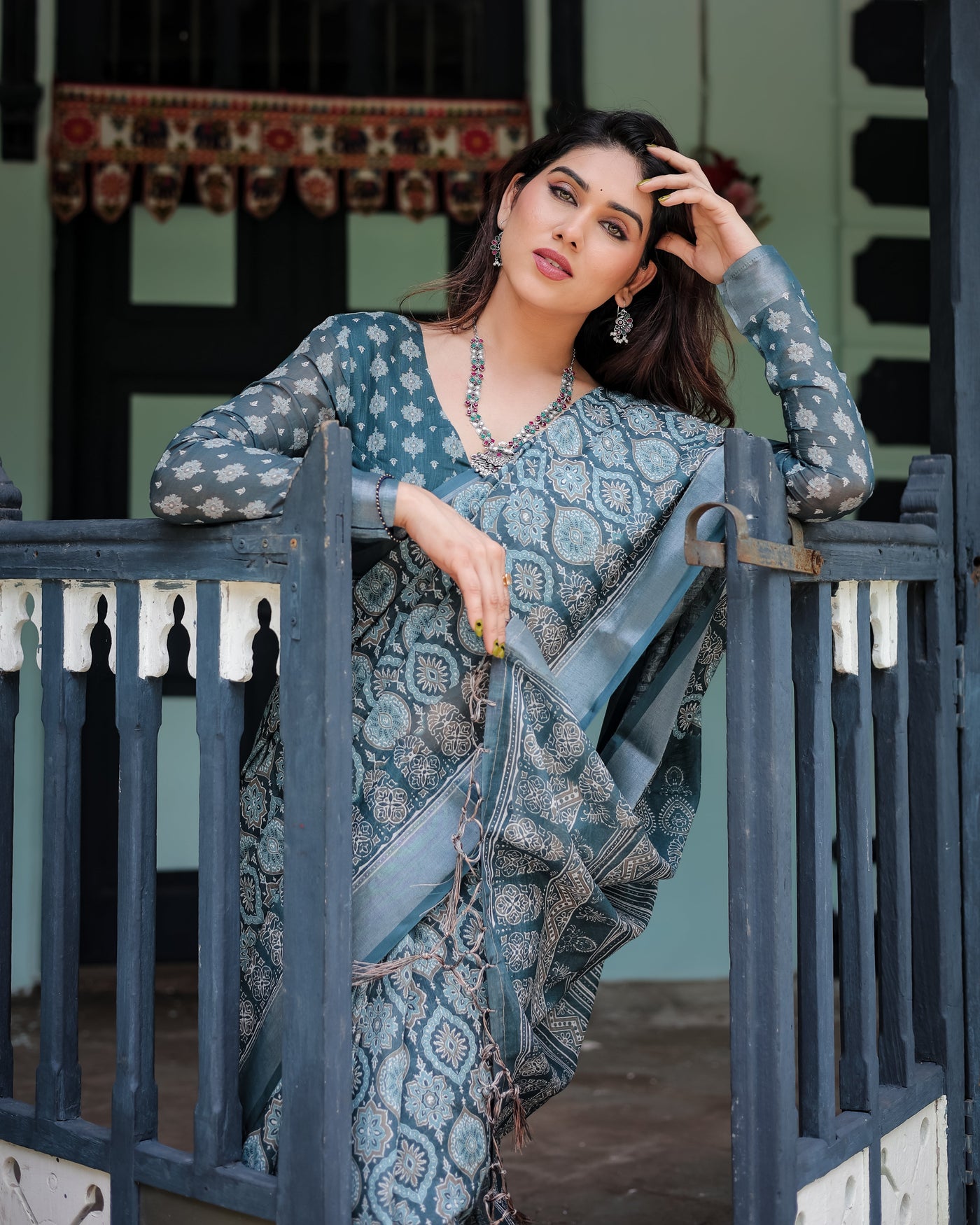 Teal Blue Pure Cotton Linen Saree with Geometric Block Print, Blouse, and Tassel Detailing