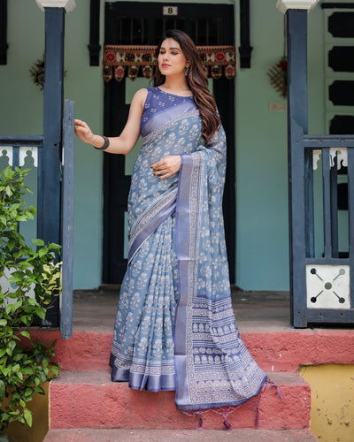 Elegant Blue Pure Cotton Linen Saree with Floral Pattern, Blouse, and Tassels on Edges