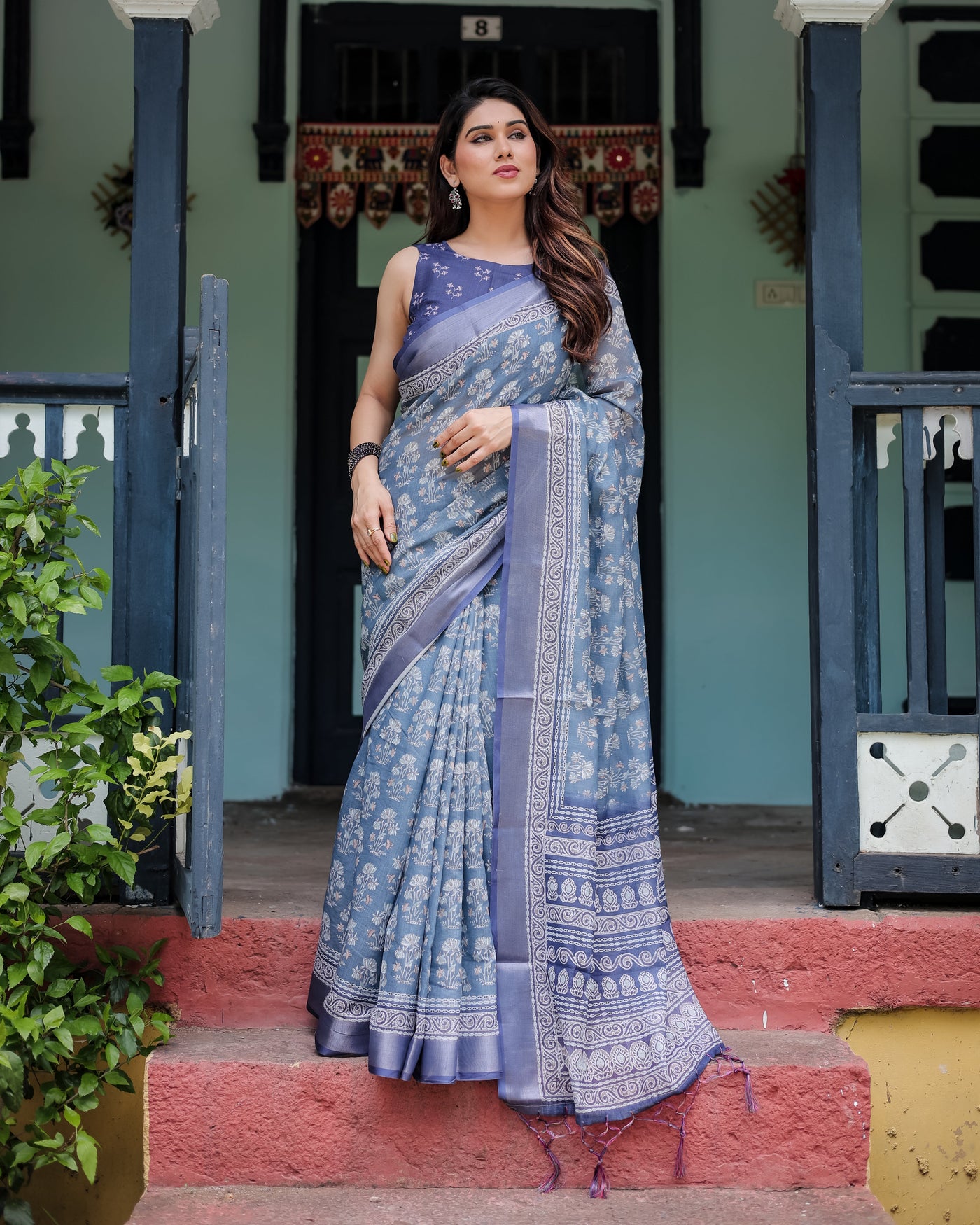 Elegant Blue Pure Cotton Linen Saree with Floral Pattern, Blouse, and Tassels on Edges