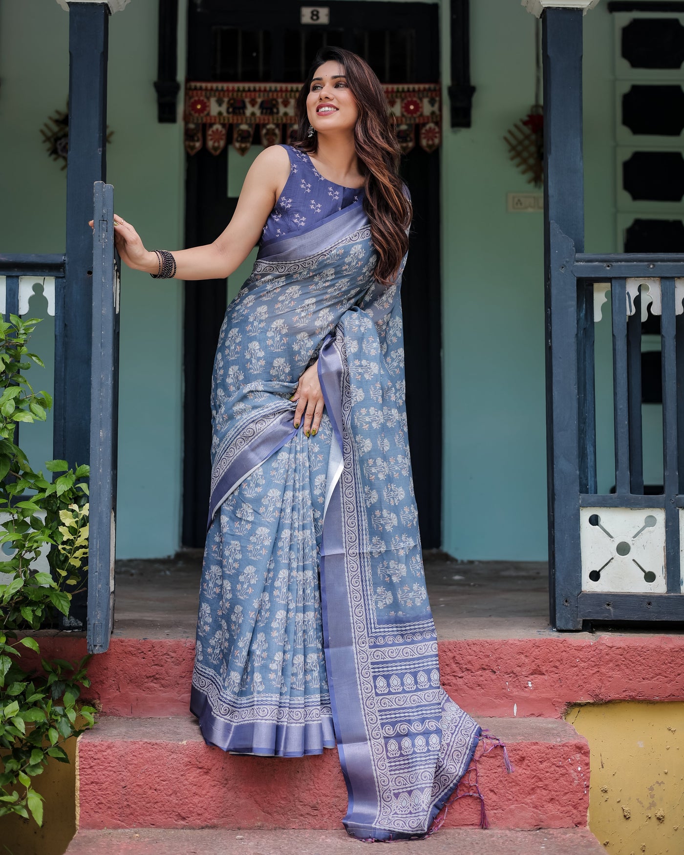 Elegant Blue Pure Cotton Linen Saree with Floral Pattern, Blouse, and Tassels on Edges