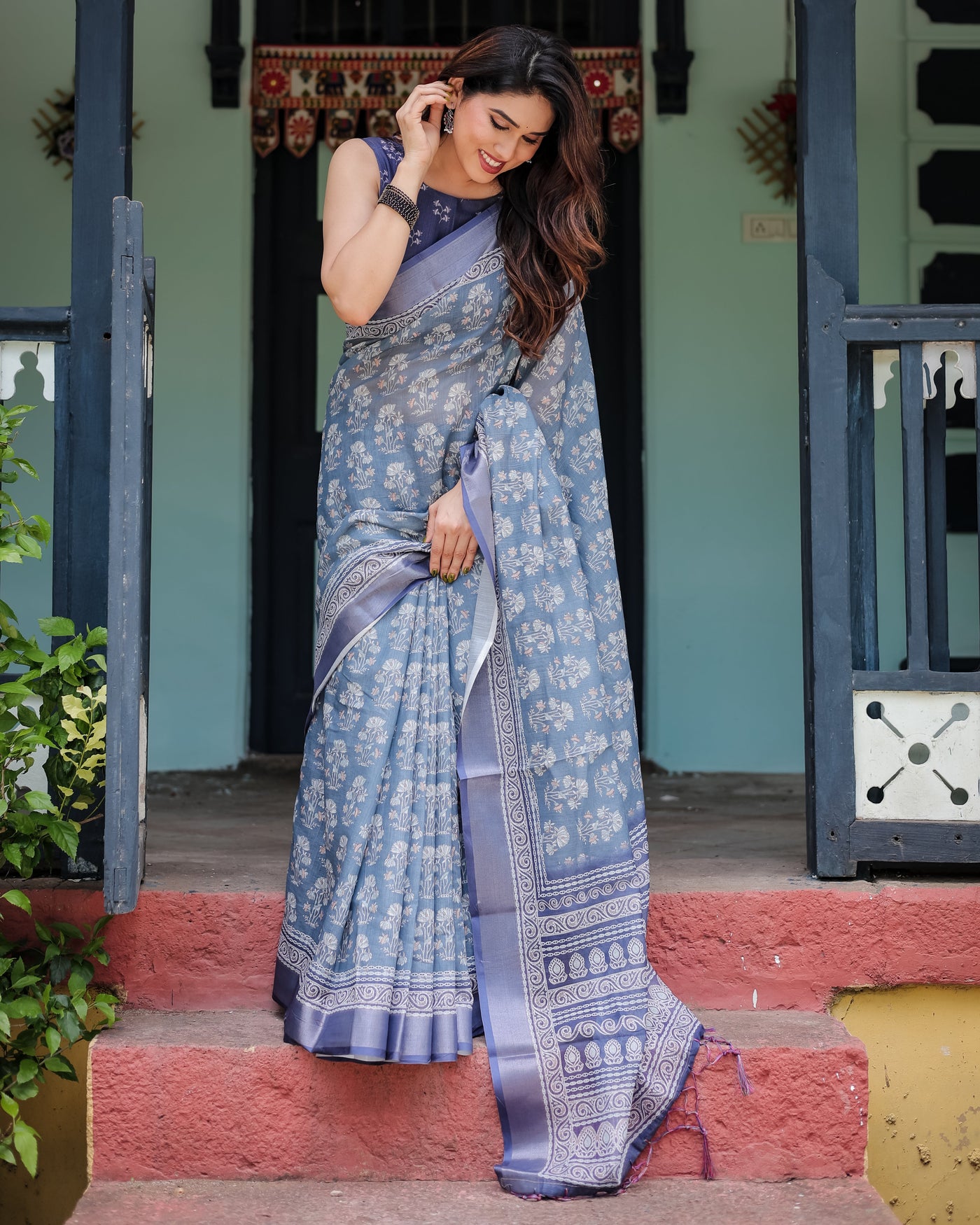 Elegant Blue Pure Cotton Linen Saree with Floral Pattern, Blouse, and Tassels on Edges