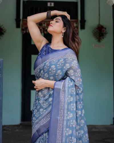 Elegant Blue Pure Cotton Linen Saree with Floral Pattern, Blouse, and Tassels on Edges