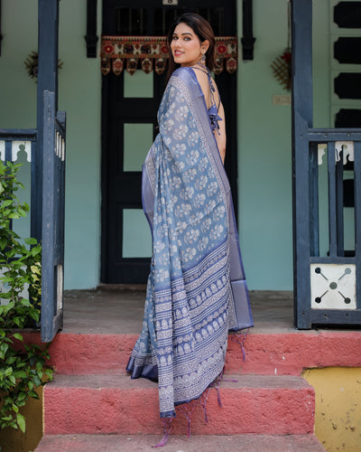 Elegant Blue Pure Cotton Linen Saree with Floral Pattern, Blouse, and Tassels on Edges