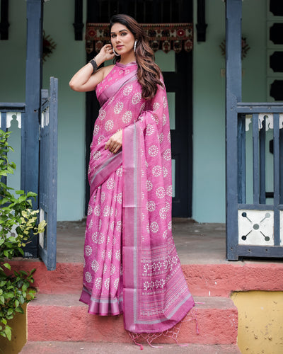 Magenta Pure Cotton Linen Saree with White Floral Block Print, Blouse, and Tassel Detailing