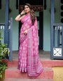 Magenta Pure Cotton Linen Saree with White Floral Block Print, Blouse, and Tassel Detailing