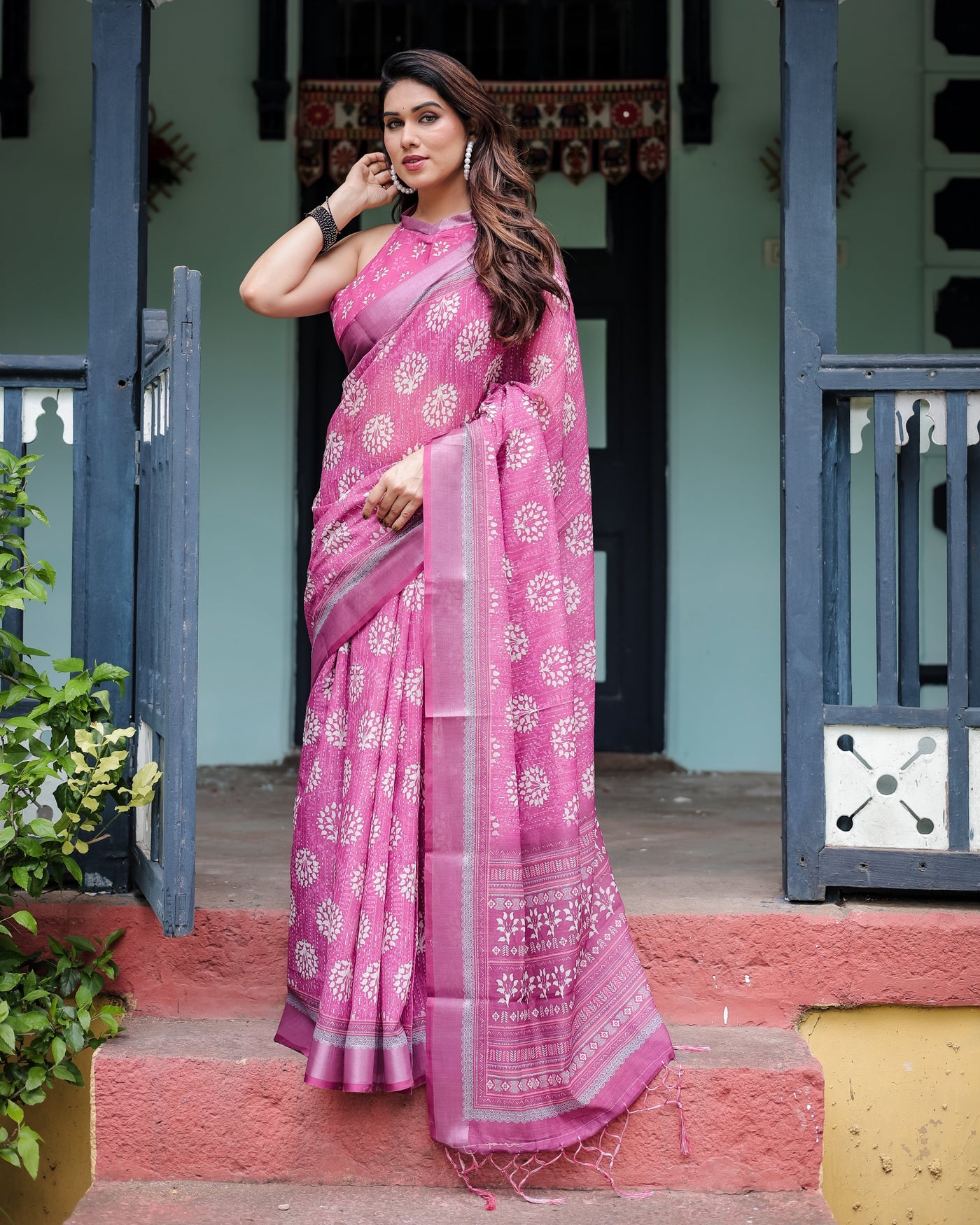 Magenta Pure Cotton Linen Saree with White Floral Block Print, Blouse, and Tassel Detailing