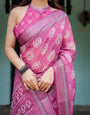 Magenta Pure Cotton Linen Saree with White Floral Block Print, Blouse, and Tassel Detailing