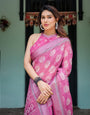 Magenta Pure Cotton Linen Saree with White Floral Block Print, Blouse, and Tassel Detailing