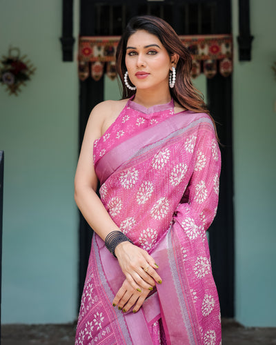 Magenta Pure Cotton Linen Saree with White Floral Block Print, Blouse, and Tassel Detailing