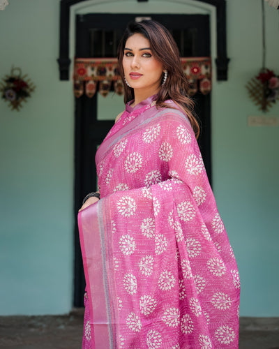 Magenta Pure Cotton Linen Saree with White Floral Block Print, Blouse, and Tassel Detailing