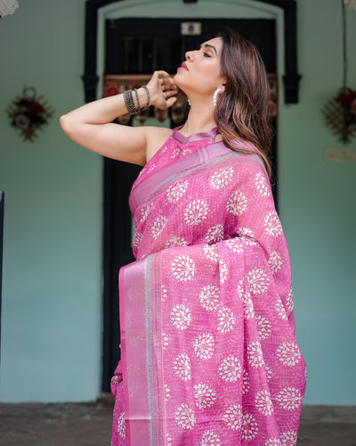 Magenta Pure Cotton Linen Saree with White Floral Block Print, Blouse, and Tassel Detailing