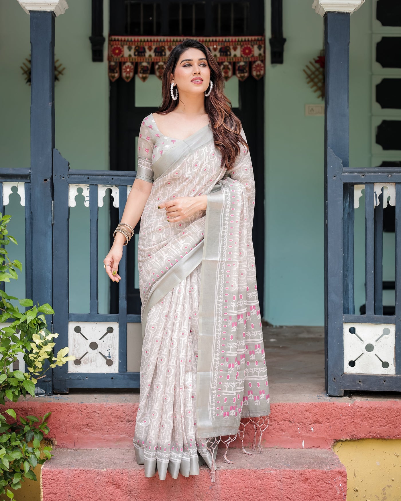 Soft Grey Pure Cotton Linen Saree with Pink and White Ikat Design, Blouse, and Tassel Detailing