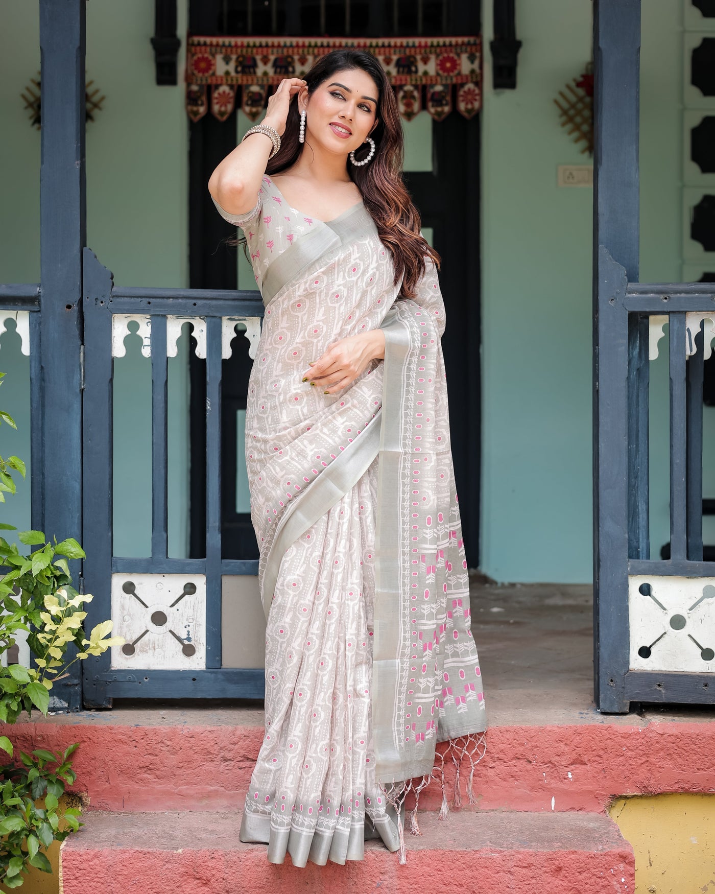 Soft Grey Pure Cotton Linen Saree with Pink and White Ikat Design, Blouse, and Tassel Detailing