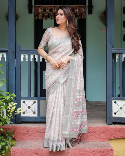 Soft Grey Pure Cotton Linen Saree with Pink and White Ikat Design, Blouse, and Tassel Detailing