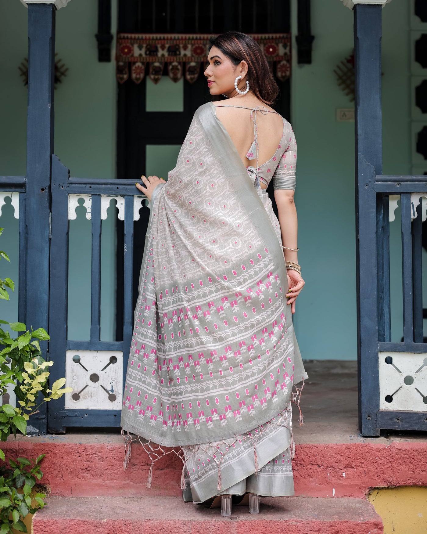 Soft Grey Pure Cotton Linen Saree with Pink and White Ikat Design, Blouse, and Tassel Detailing