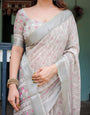 Soft Grey Pure Cotton Linen Saree with Pink and White Ikat Design, Blouse, and Tassel Detailing